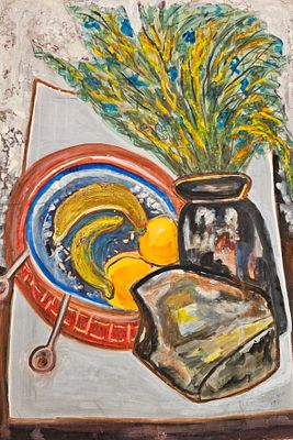 פנינה ייני - דומם עם פירות. גואש כ 70X50 , חתום, מתוארך 1980.