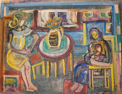 פנינה ייני - משפחה בחדר. גואש כ 70X50 , חתום, מתוארך 1960.