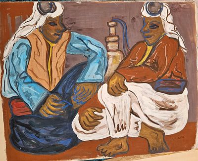 פנינה ייני - מעשני הנרגילה. גואש כ 70X50 , חתום, מתוארך 1960.