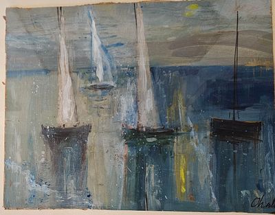 שאול אוהלי (אהלי) (1922-2003) - סירות. שמן על קרטון, חתום, 37X29 ס"מ.(רסטורציה קלה), ממוסגר עם 