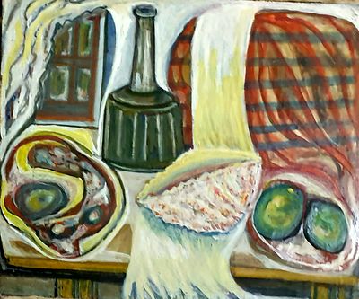 פנינה ייני - דומם עם כד ופירות. שמן על בד , חתום 60X50 ס"מ.