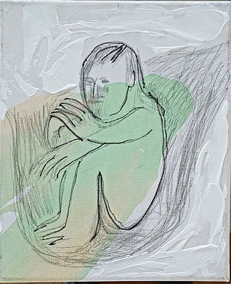 Menashe Kadishman - דמות יושבת. אקריליק ועיפרון על בד, מידות: 30X25 ס"מ, . 
חתום מאחור, ונושא שם 