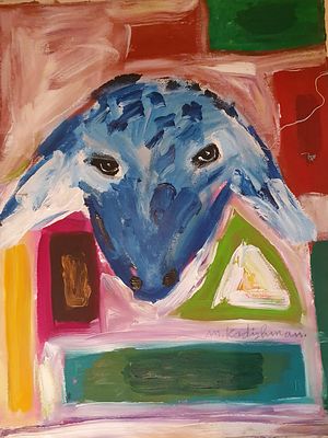 Menashe Kadishman - כבשה כחולה משולש ירוק. אקריליק על בד, מידות: כ-60X80 ס"מ, 
חתום: חתום שנית 