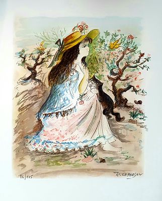 רפי לה פרסן- אמן צרפתי עכשווי - נערה וחתול. ליטוגרפיה מקורית , כ- 50X40,חתום בעיפרון וממוספר,