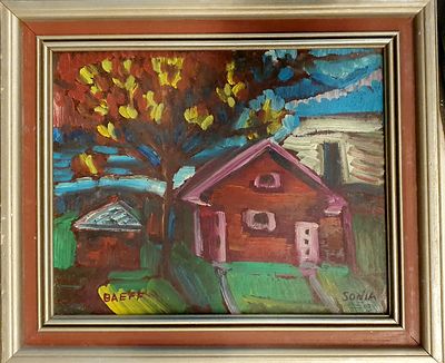 סוניה שבייף (רוסיה - קנדה, 1886-1958) - כפר ברוסיה . שמן על קרטון כ-40X30 ס"מ, חתום.