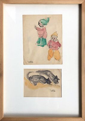 יעקב איזנשר - 2 עבודות במסגרת אחת. 1. ילדים 
2. חתולים 
2 אקוורלים, 25X18 ס"מ, חתומים בחותמת 