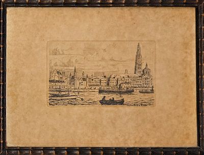 אמן בלתי מזוהה - נוף באירופה. תחריט ישן מתחילת המאה ה-20 ממוסגר במסגרת תקופתית כ 30X20 ס"מ