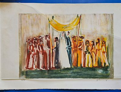 יוסף קוסונוגי - חתונה יהודית. ליטוגרפיה , חתומה בעיפרון פעמיים וממוספרת 60X50 ס"מ.