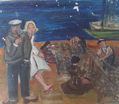 Violet Sternik-XX Century French Art-Ecole de Paris - Fishermen and a Couple
. Violet Sternik-XX 
