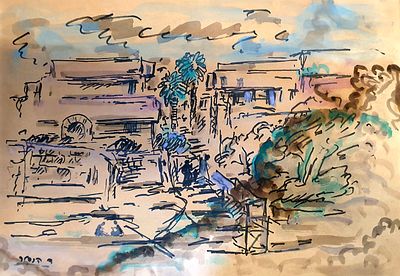 דוד הנדלר- David Hendler - - נוף במושבה. אקוורל על נייר, חתום, 35X22 ס"מ 
דוד הֶנדלֶר (1902 – 