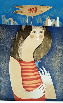 SAMII BRISS - נערה ודג. הדפס משי, 50X70 ס"מ, חתום וממוספר