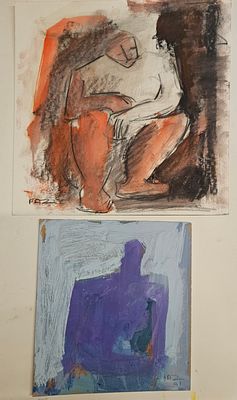 זהבה פז - 2 עבודות. 1. דמות יושבת. 
2. בקבוק כחול 
2 עבודות, שמן על נייר כ-30X20 סמ 
חתומות