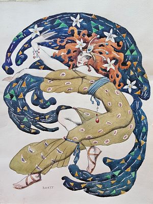 L&eacute;on BAKST (1866-1924) - רקדנית- Costume design. אקוורל, 34X33 ס"מ, חתום. 
מקור: 
Collection Lev 