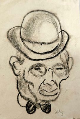 Shalom Siegfried SEBBA (1897-1975)- שלום זיגפריד סבא - דיוקן גבר עם כובע ופפיון, שנות ה-40. רישום 