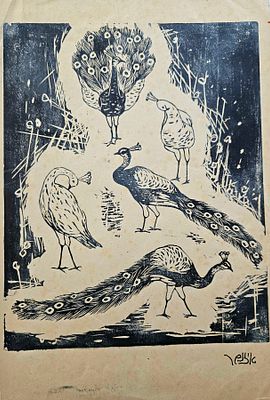 יעקב איזנשר (1896-1980) - טווסים. חיתוך עץ נדיר , הדפס ניסיון , שנות ה-40 . ככל הנראה עותק יחיד 