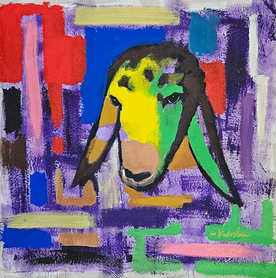 מנשה קדישמן Menashe KADISHMAN (1932-2015) - כבשה ריבוע צהוב וירוק. אקריליק על בד, מידות: כ-110X110 