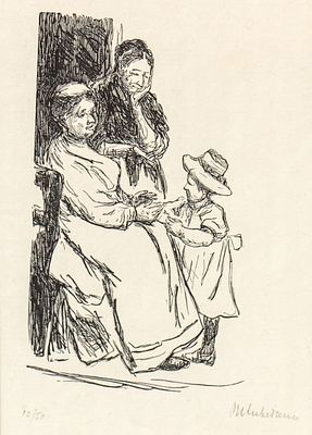 Max LIEBERMANN (1847-1935)- מקס ליברמן - שתי נשים וילד, 1910. חיתוך עץ, חתום וממוספר 21X13.5 סמ. 