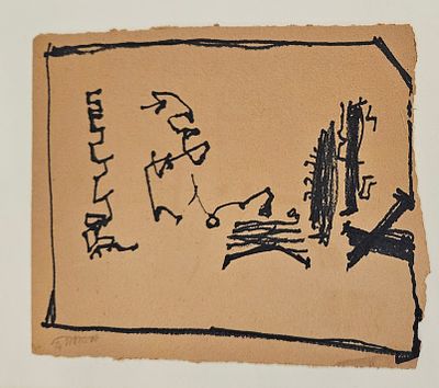 אביבה אורי-Aviva Uri - קומפוזיציה, 1974. רישום דיו על קרטון , חתום ומתוארך , כ-17X25 ס"מ, ממוסגר.
