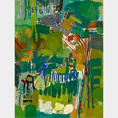 Lea NIKEL (1918-2005)- לאה ניקל - מופשט בירוק-Abstract [Painting in Green] (1965). שמן על בד 