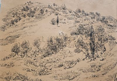 ליאופולד קרקאור Leopold KRAKAUER (1890-1954) - נוף בהרי ירושלים. פחם, נוף בהרי ירושלים, 50X70 ס"מ 