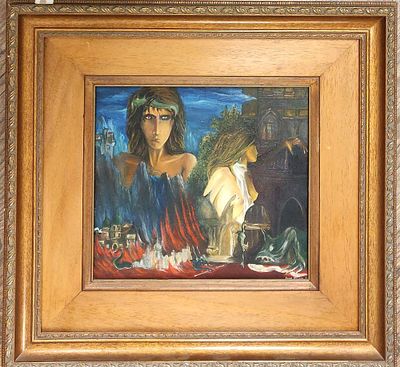 חנן מילנר - נ. 1949 - נערה בנוף סוריאליסטי, שנות ה-80. שמן על לוח. חתום, ממוסגר במסגרת עץ תקופתית. 