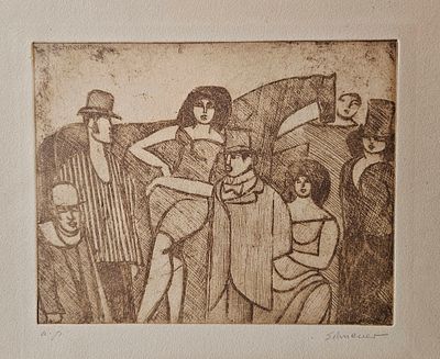 דוד שניאור (1905-1988), David SCHNEUER - בית קפה. תחריט, חתום וממוספר העיפרון, כ-60X40 ס"מ.