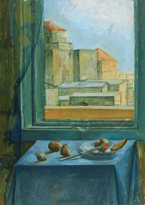 יהודית הר-אבן-1926 - פנים חדר ומבט לחלון, 1949. עבודה נדירה ומוקדמת, שמן על בד 70X50 ס"מ, חתומה 