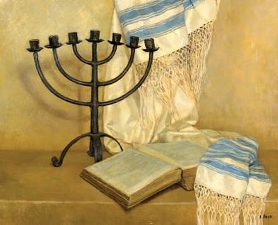 Rosine POUR (1923)French -XX Century-Judica painting - Menorah and Prayer Shawl. signed lower right 