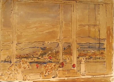 יוֹסֵף זָרִיצְקִי (1891 - 1985) - נוף מבעד לחלון, 1949. אקוורל על נייר, חתום מתוארך 1949 