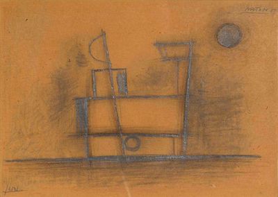 אברהם נתון (נתנזון), (1906-1959) - קומפוזיציה . רישום בטכניקה מעורבת . חתום וממוסגר. מידות: 24X18 