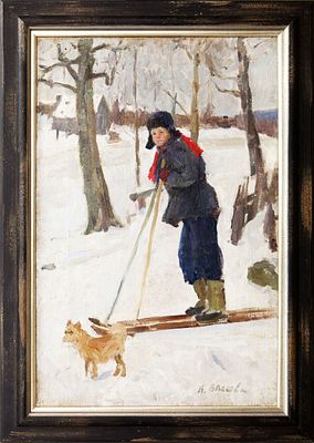 Власова Клара Филипповна, "Лыжник", 1952 г., 40x60 см, холст/масло. Власова Клара Филипповна 