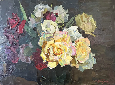 Прохоров Константин Александрович, "Розы", 1982 г., 50х70 см, картон/масло. Прохоров Константин 
