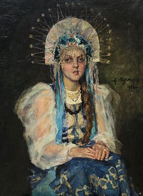 Митряшкин Михаил Яковлевич, "Девушка в русском костюме", 1948 г., 86х64 см, холст/масло. Митряшки 