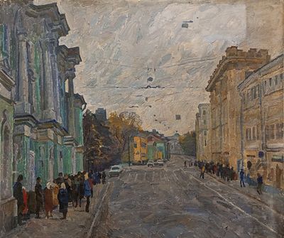 Папикян Альберт Степанович, "Москва. Улица Покровка", 1980 г., 80х90 см, картон/масло. Папикян 