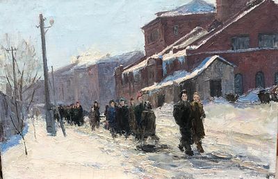 Зайцев Евгений Николаевич, "На фабрику", 1953 г., 40х60 см, х. м. Зайцев Евгений 