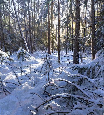 Брусилов Станислав Александрович, "Под снежным покрывалом", 2025 г., 90х100 см, холст/масло. Брус 