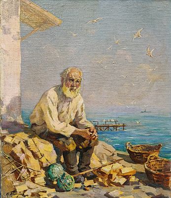 Прохоров Константин Александрович, "Рыбак", 1958 г., 59,5х50 см, холст/картон/масло. Прохоров 