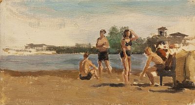 Молтенинов Константин Георгиевич, "На пляже", 1955 г., 19х35,5 см, картон/масло. Молтенинов 