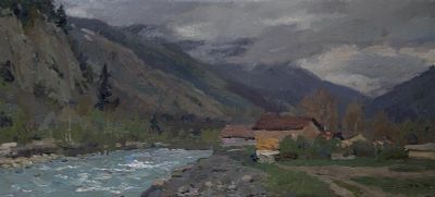 Брусилов Станислав Александрович, "Теберда. Серый день", 2021 г., 20х40 см, холст/масло. Брусило 