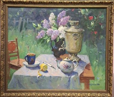 Букакин Иван Алексеевич, "Натюрморт с самоваром", 1990 г., 50х60 см, холст/масло. Букакин Иван 
