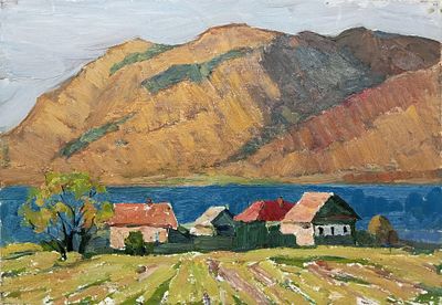 Руденко Александр Карпович, "Деревня у реки", 1956 г., 35х50 см, картон/масло. Руденко Александр 