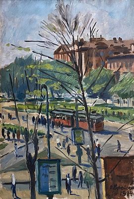 Верейский О.(1915-1993Г.) " Пейзаж с трамваем" 50-34 холст , масло. 1934 год. Народный художник 