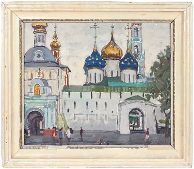 «Левый ЛОСХ»
Скуинь Елена Петровна (1908-1986). «Загорск». 1956. Картон, масло. 47×56 см.
В 