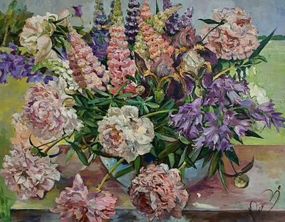 Я. С. Кикнадзе (1969–2019). "Букет с люпинами".
2003г., размер: 70.0х90.0. 
Кикнадзе Янина 