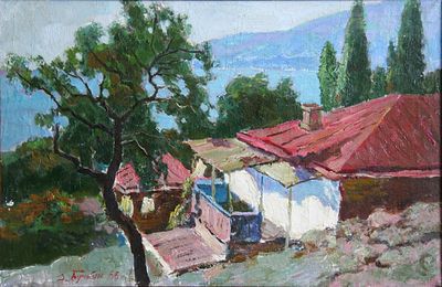 Дмитрий Бучкин " Красные крыши Гурзуфа" холст масло 1966 год