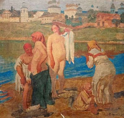 П. Бучкин (1886-1965) "На Волге".
1927 год 43-47 см., холст на картоне, подпись и дата в правом 