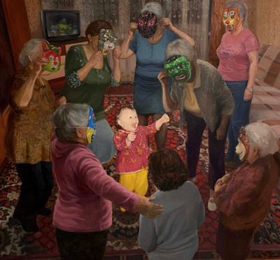 Е. Ермолаева "Масĸарад". . Размер: 110/112см. 
Материалы: оргалит/масло. 
Биография: 
Евгения 