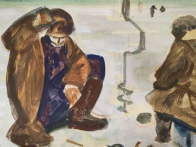 В.И. Григорьев "Зимняя рыбалка" 1975 год. бумага смеш.техника.45-60 лист.
Виктор Иванович 