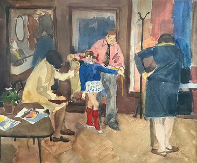 И. Григорьева "На примерке". Бумага, акварель, 37х44 см., 1975 год.