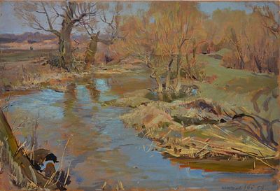 Ткачев М.Е. Окрестности Ленинграда. 16.05.1959г. картон масло 34,5х50,5(р.и.)